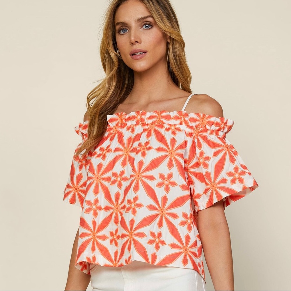 Skies Are Blue Floral Embroidered Off The Shoulder Shirt XS